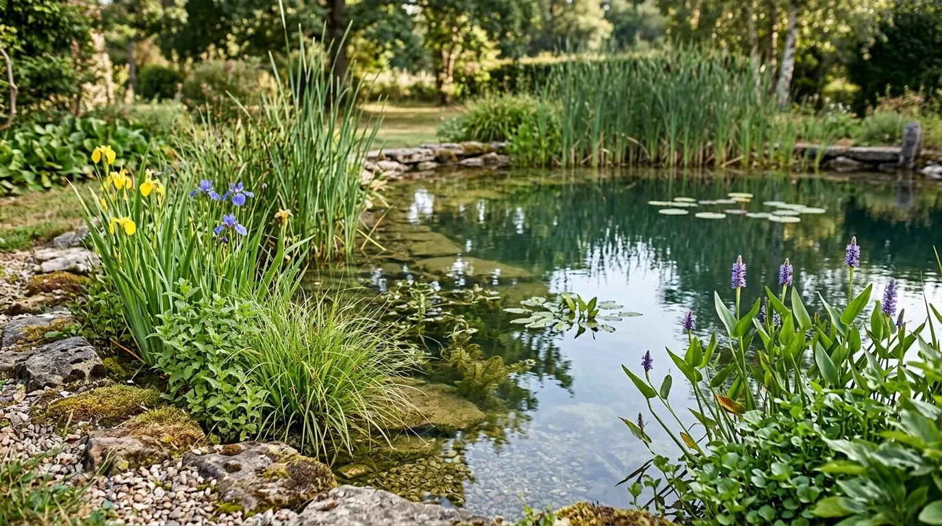 Bassin plantes filtrantes avec eau claire, plantes marginales luxuriantes et zones de plantation variées dans un jardin français.