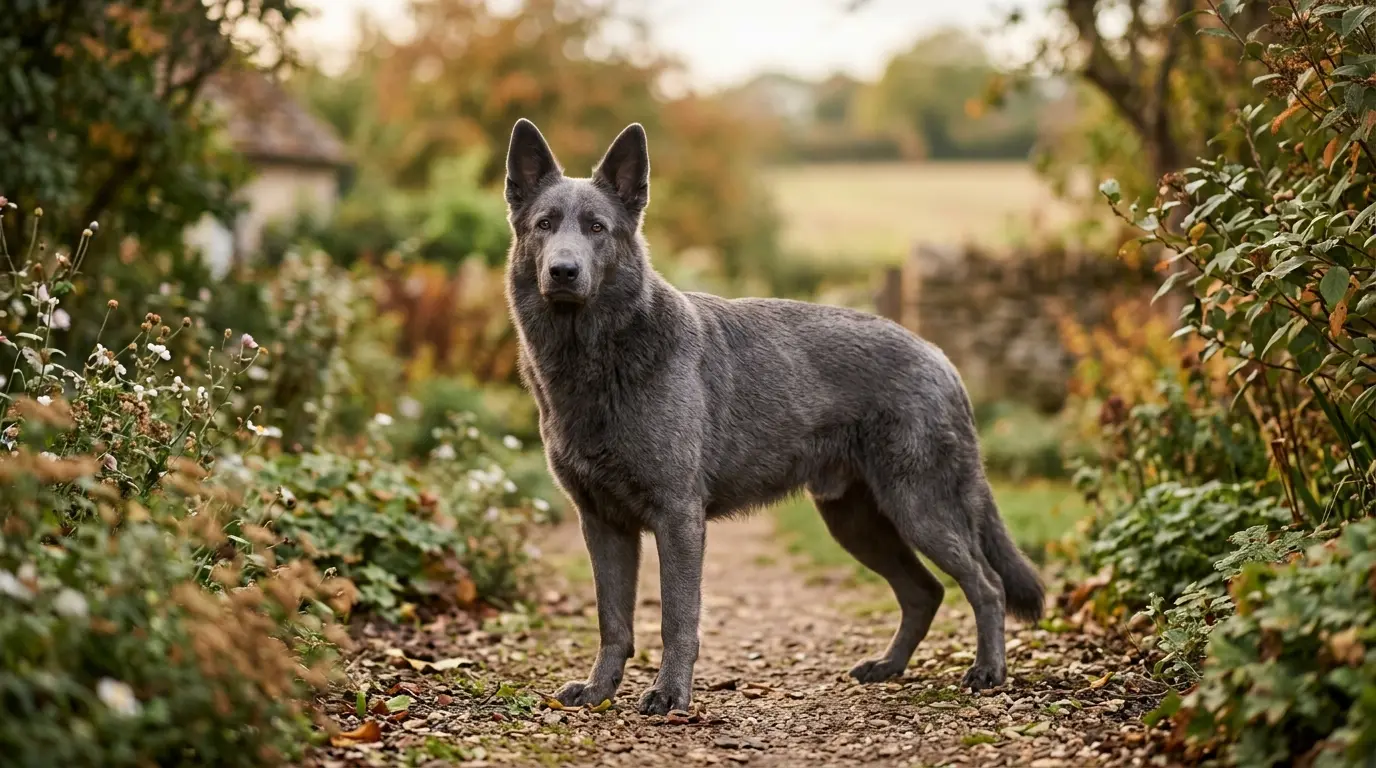 Berger allemand bleu élégant dans un cadre naturel, au pelage bleu-gris, exprimant calme et confiance.