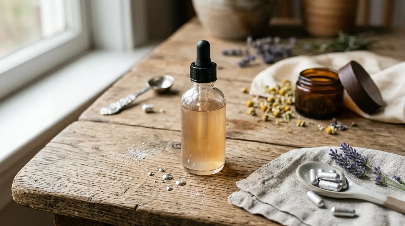 Bouteille de solution d'argent colloïdal sur bois, évoquant les bienfaits argent colloidal avec éléments de soin naturel.