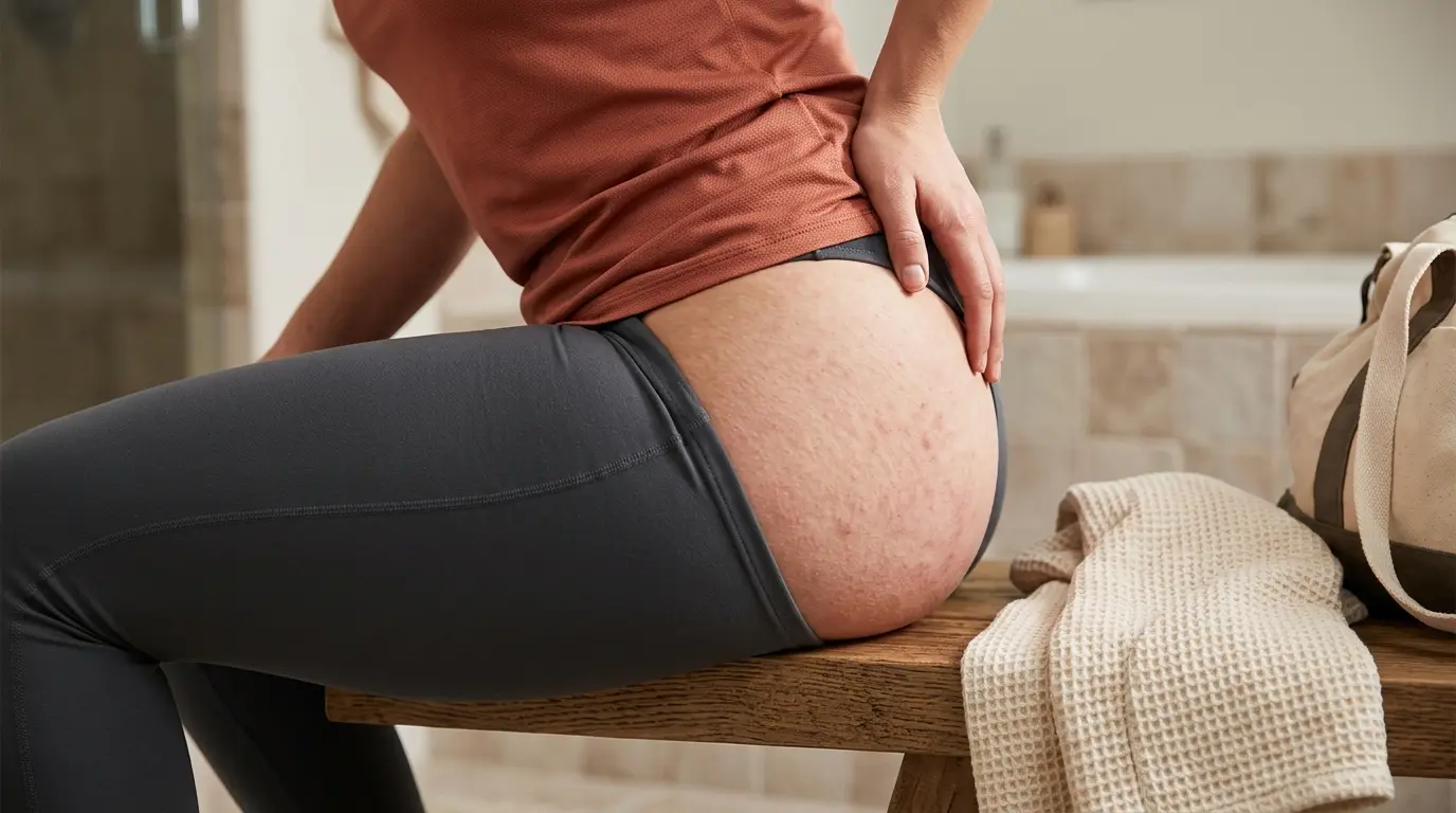 Close-up d'un dos avec boutons fesse, montrant des signes d'irritation après l'exercice, dans un cadre neutre et apaisant.