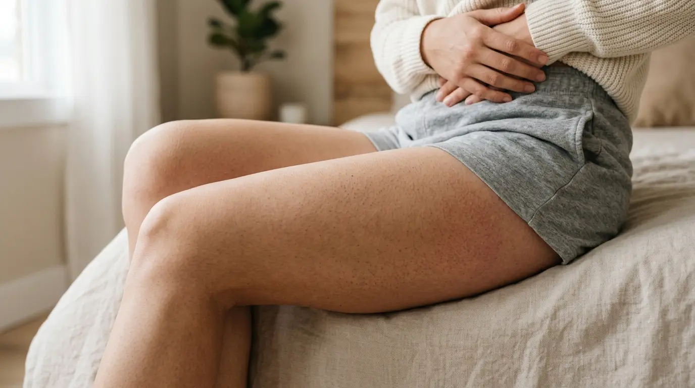 Adultes montrant des boutons sur les cuisses, peau rouge et rugueuse, dans un cadre médical apaisant et naturel.