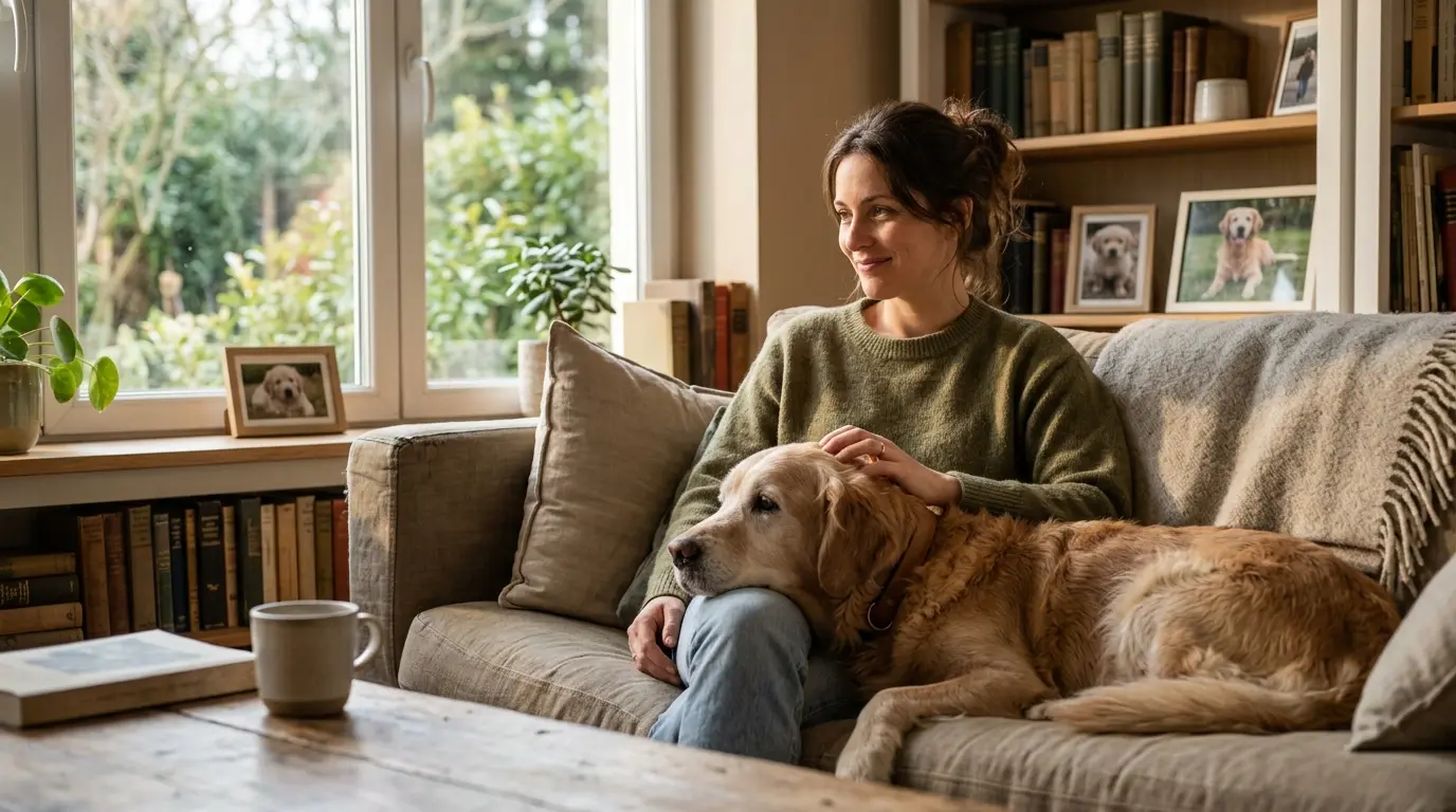 Calcul de l'âge d'un chien avec un propriétaire pensif et un chien dans un cadre chaleureux, illustrant différentes étapes de vie.