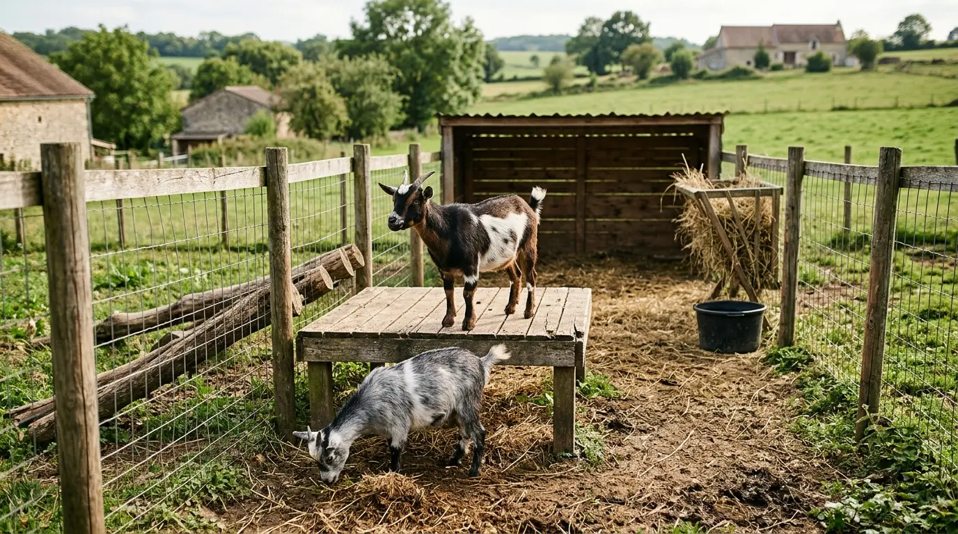 Deux chêvres naines explorent un enclos de jardin, l'une sur une plateforme en bois, l'autre près d'une clôture.
