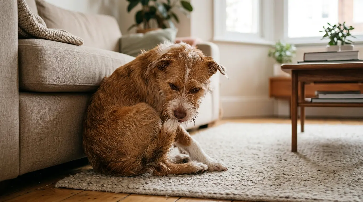 Chien qui se mordille la queue dans un intérieur chaleureux, montrant des signes d'inconfort et une atmosphère calme.