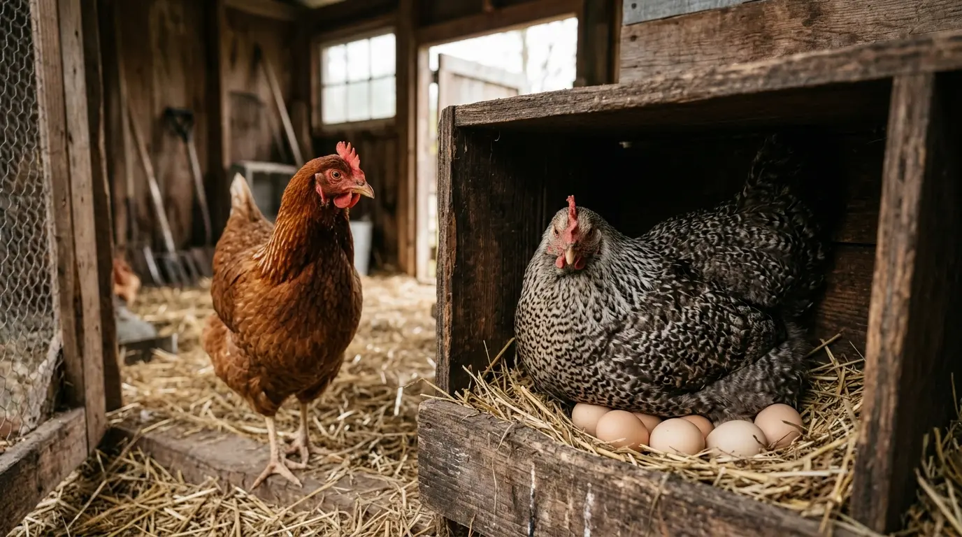 Poule curieuse dans un nid en bois, montrant des signes de couvaison, illustrant comment arrêter une poule de couver.