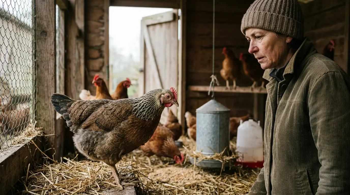 Poule légèrement malade dans un poulailler, observée pour un coryza des poules traitement, ambiance naturelle et rustique.