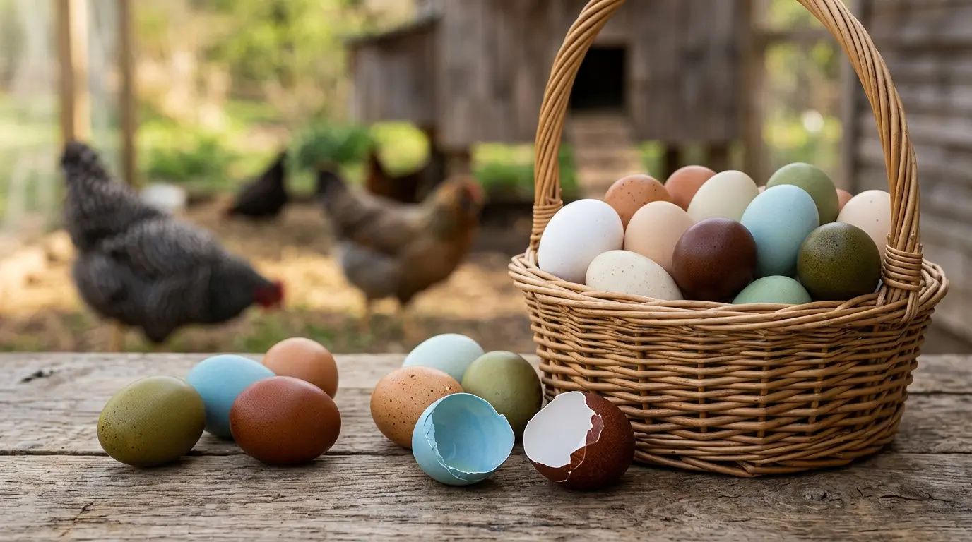 Assortiment de couleurs des oeufs de poules dans un panier, avec des coquilles variées sur une surface en bois.