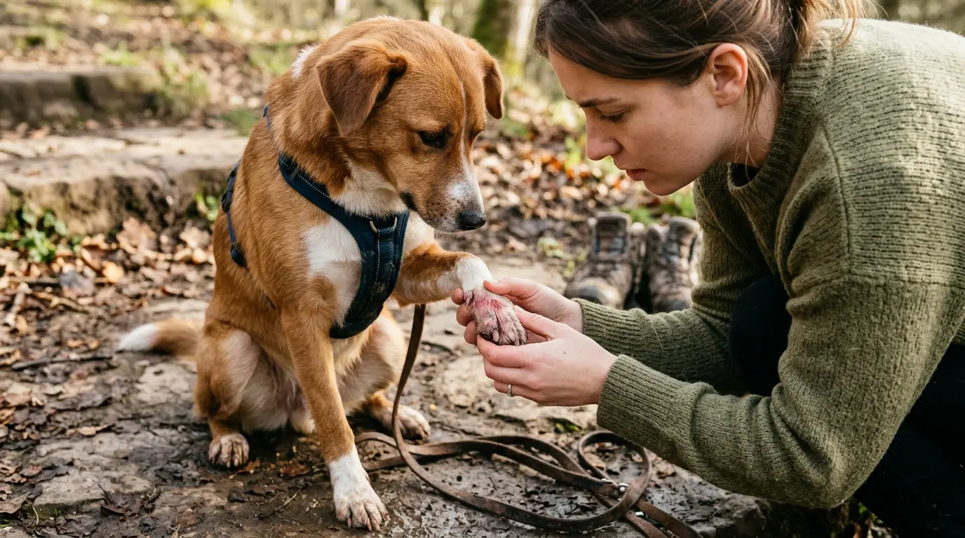 Coussinets rouges chien examinés par un propriétaire inquiet après une promenade, montrant irritation et inflammation.