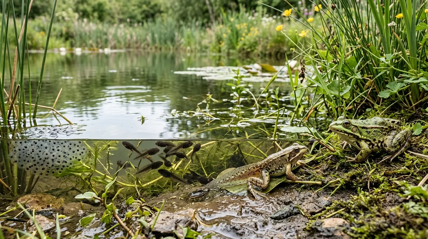 Cycle de vie de grenouille illustré dans un étang naturel : œufs, têtards, jeune grenouille et grenouille adulte.