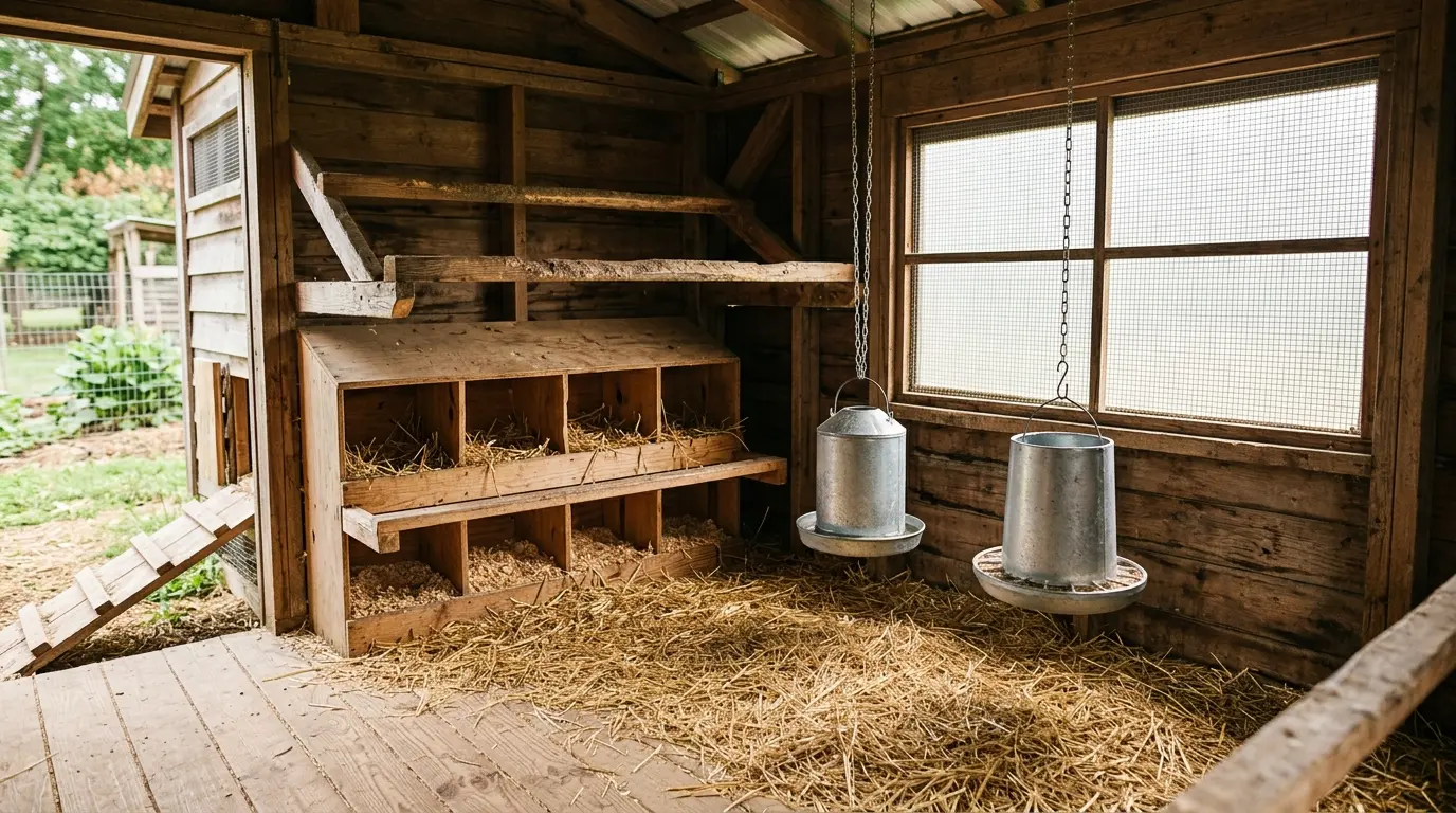 Intérieur d'un poulailler propre et bien entretenu, prêt à désinfecter le poulailler avec perches et nichoirs visibles.