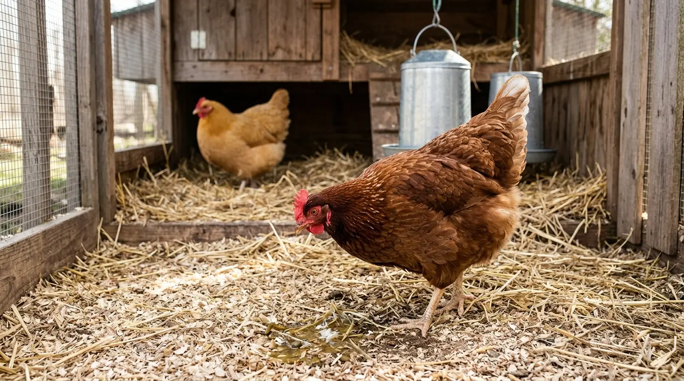 Coop de poules avec une poule sur un lit de paille humide, témoignant de la diarrhée des poules dans un environnement sain.