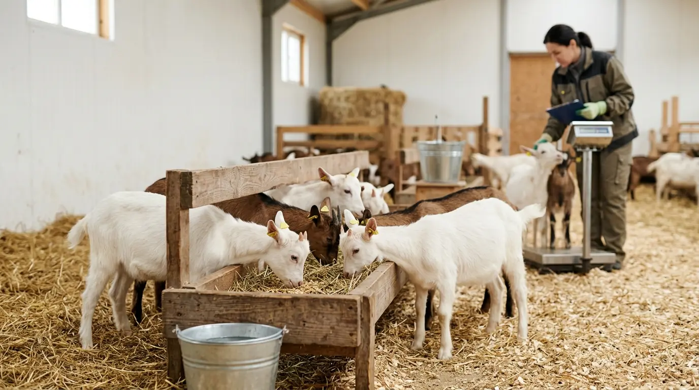 Scène d'élevage chevrette avec jeunes chèvres saines dans un enclos lumineux, un fermier surveillant leur croissance.