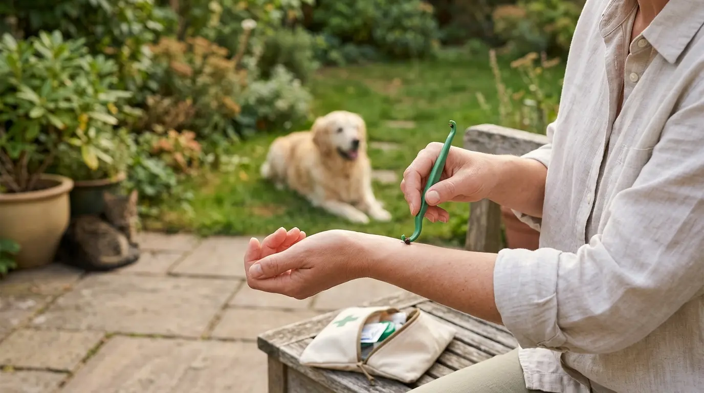Personne en train d'enlever les tiques d'un animal avec un outil, premier secours à proximité, ambiance naturelle et soignée.