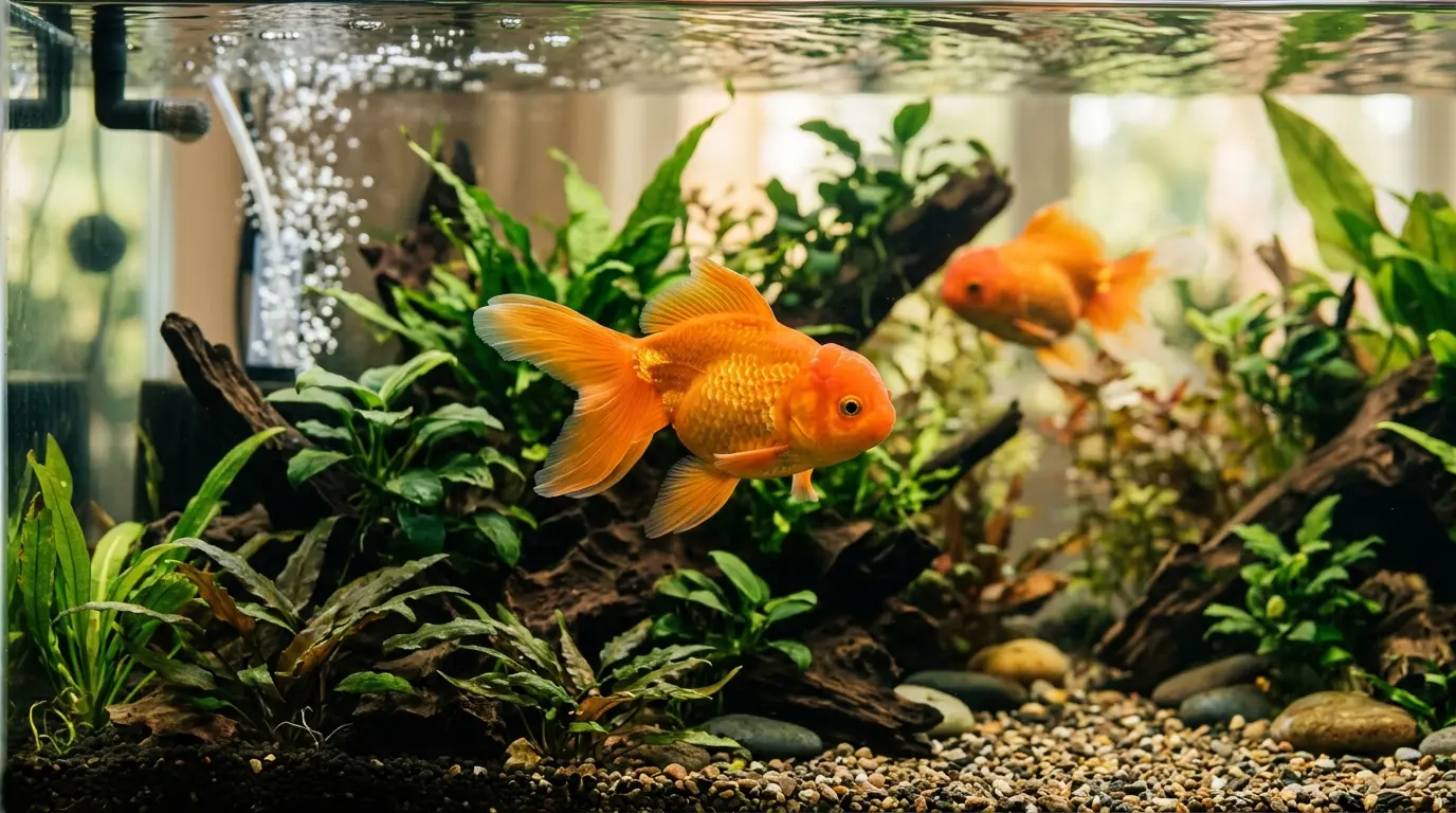 Goldfish dans un aquarium spacieux, illustrant l'espérance vie poisson rouge avec un habitat sain et des plantes aquatiques.