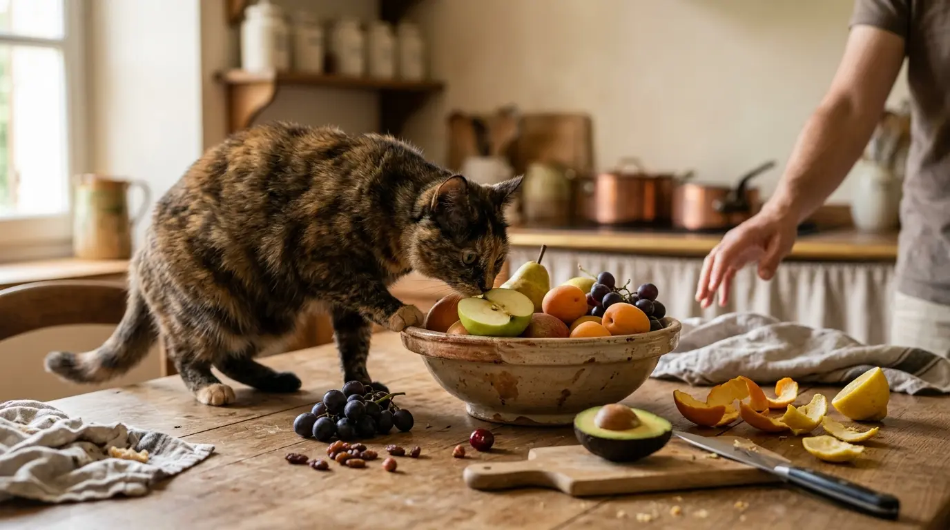Curieux chat près d'un bol de fruits, avec des fruits toxiques comme raisins et avocat, dans une cuisine chaleureuse.