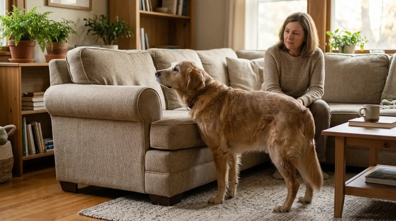 Un chien senior hésite à sauter sur le canapé, montrant des signes de raideur, mettant en avant l'harpagophytum pour chien.
