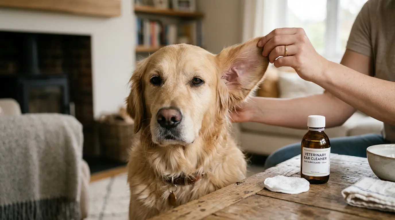 Calme chien avec une oreille levée, main humaine inspectant pour nettoyer oreilles chiens, lotion et coton à proximité.