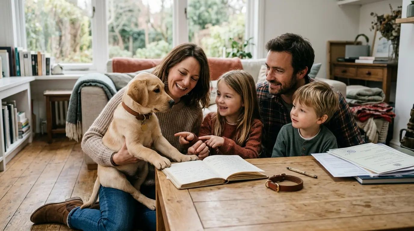 Couverture d'article sur le choix d'un nom de chien en b, montrant une famille et un chien dans un cadre chaleureux et moderne.