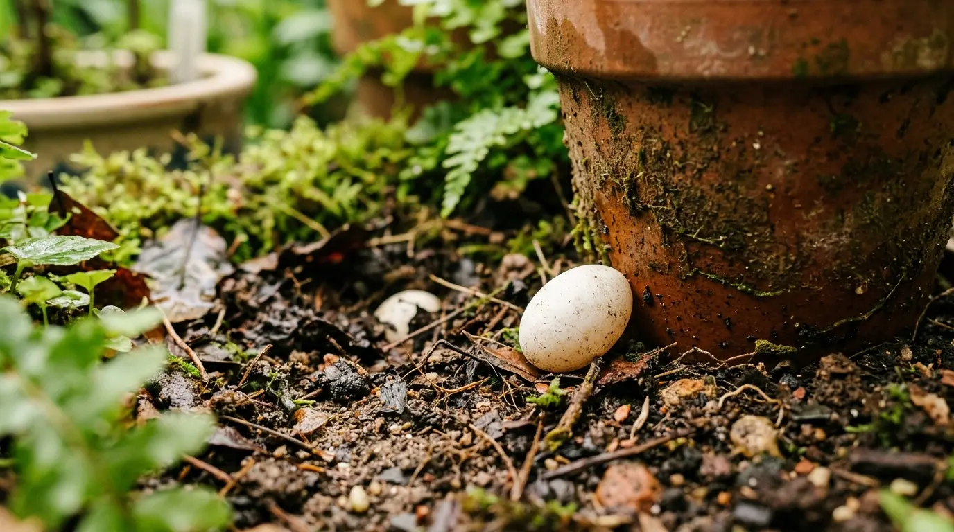 oeuf de lezard partiellement enfoui dans le sol, entouré d'un pot de fleurs, ambiance naturelle et apaisante.