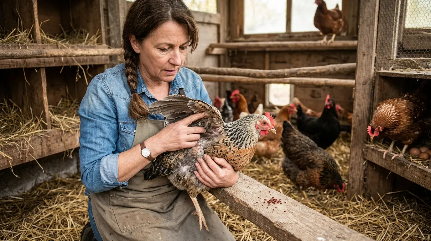 Fermier inspectant une poule dans un poulailler, observant des signes de parasites poules comme des plumes irritées et des acariens.