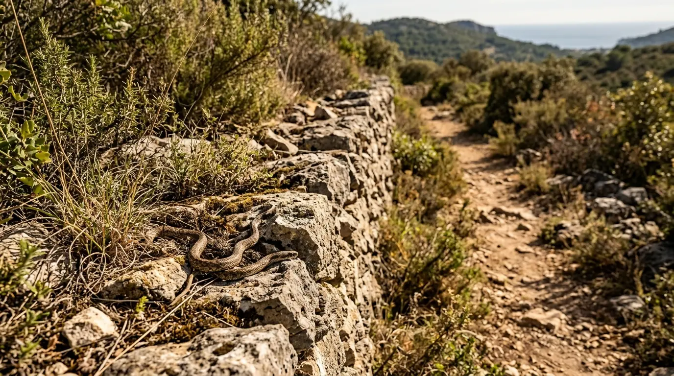 Petit serpent sud de la France se faufile sur un mur de pierre, caché parmi la végétation méditerranéenne.