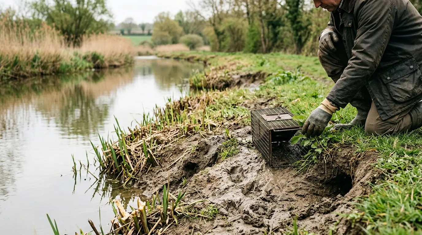 Piegeage du ragondin près d'un étang français, montrant des traces d'animaux, des terriers et un piège discret.