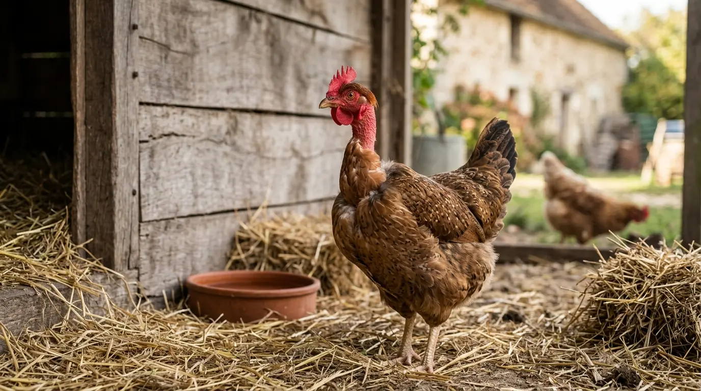 Poule à cou nu dans un poulailler rustique, mettant en valeur son cou dénudé et son plumage dans des tons terreux.