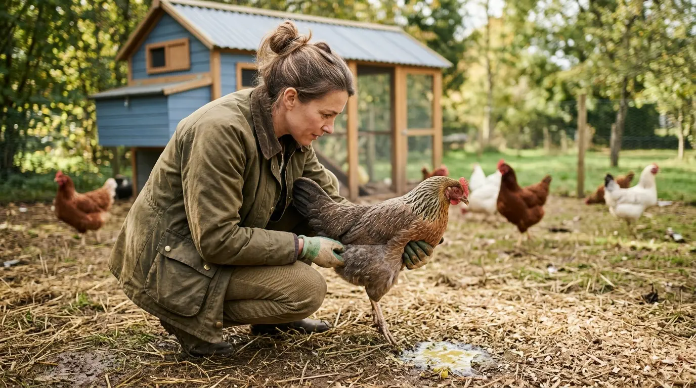 Concerné, un éleveur examine une poule diarrhée jaune isolée près d'un poulailler propre dans un cadre rural naturel.