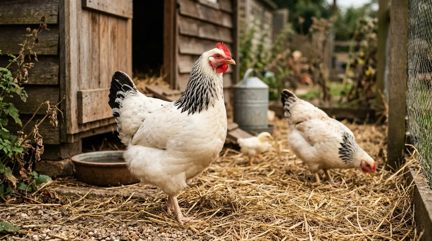 Poule Sussex adulte en premier plan, pullette et poussin en arrière-plan, illustrant le prix et l'âge des poules Sussex.