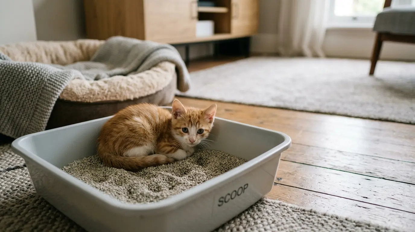 Petit chaton se repose dans sa litière, soulevant des questions sur pourquoi mon chaton dort dans sa litière.