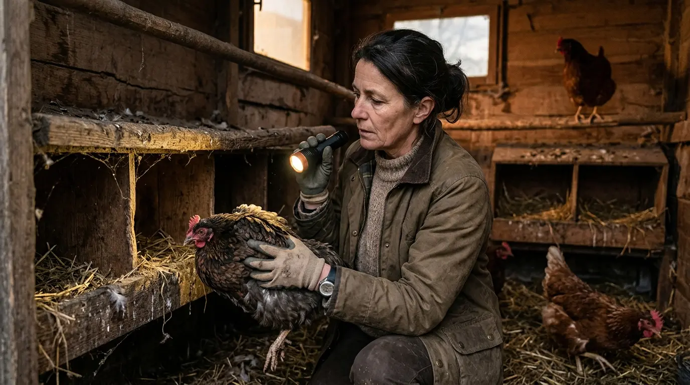 Poulier inspecté au crépuscule, éleveur examine une poule pour traiter les poux poules, coop en désordre, ambiance urgente.