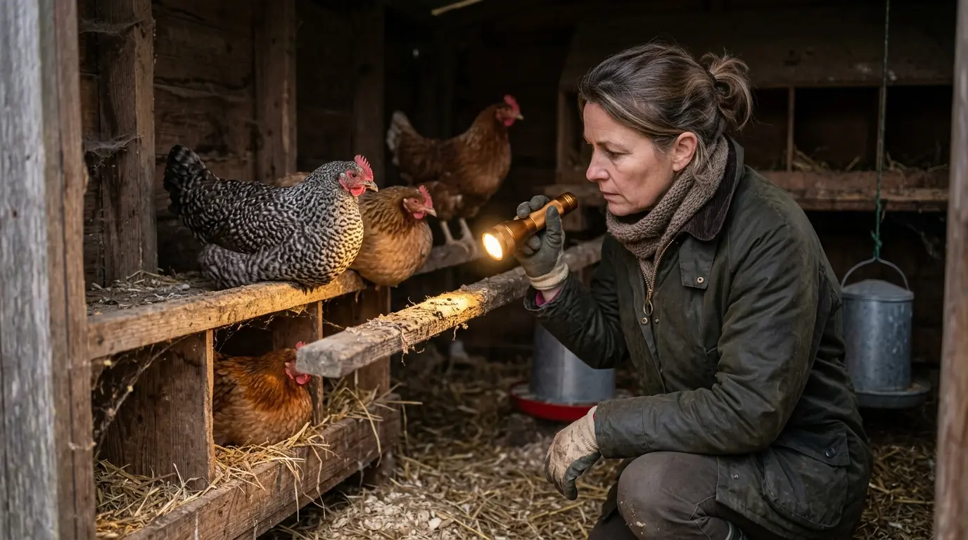 Poulier inspecté au crépuscule pour détecter des puces dans poulailler, avec poules perchées et signes subtils de parasites.