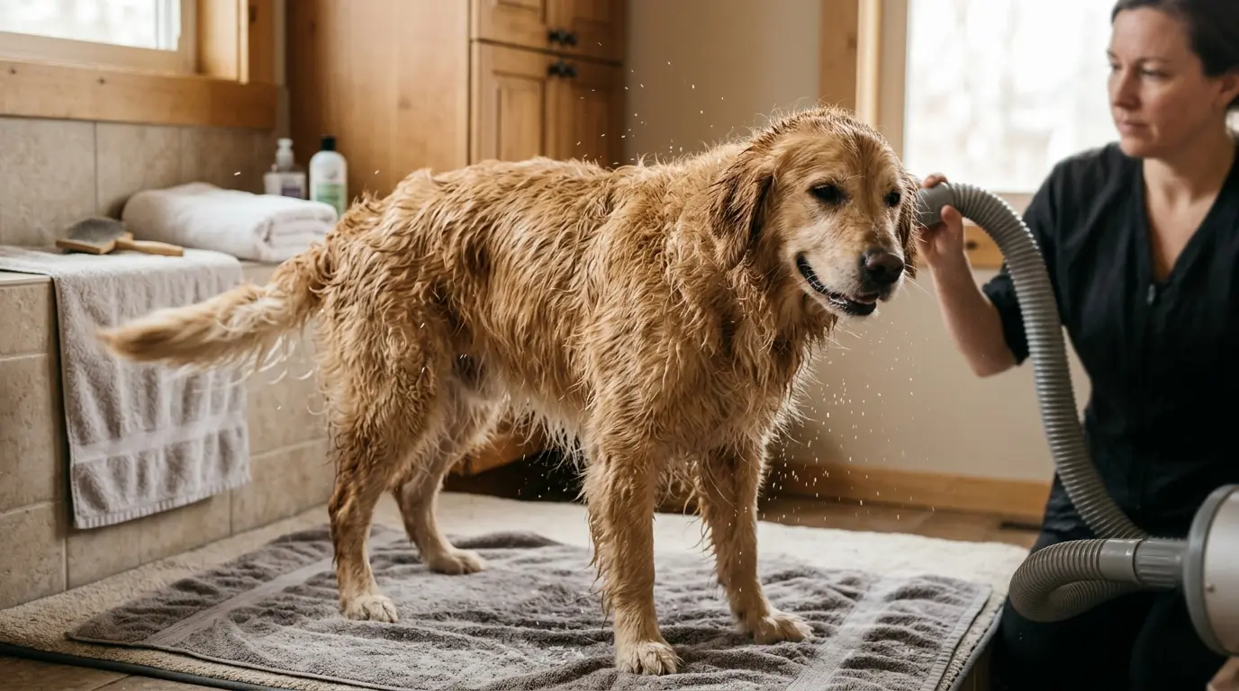 Chien à poil dense, humide après le bain, séché avec un pulseur pour chiens dans un coin de toilettage chaleureux.