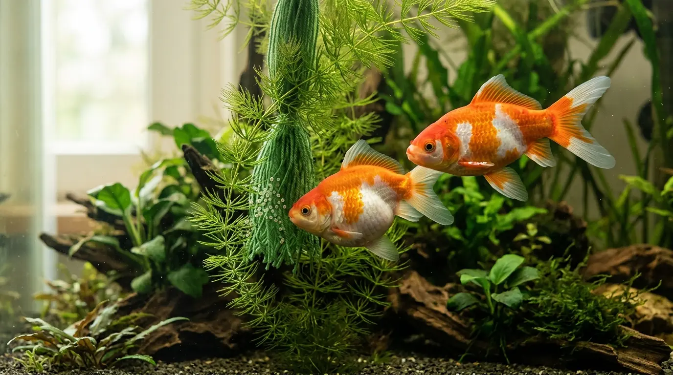 Reproduction poissons rouges : un mâle poursuit une femelle dans un aquarium, œufs visibles sur les plantes aquatiques.