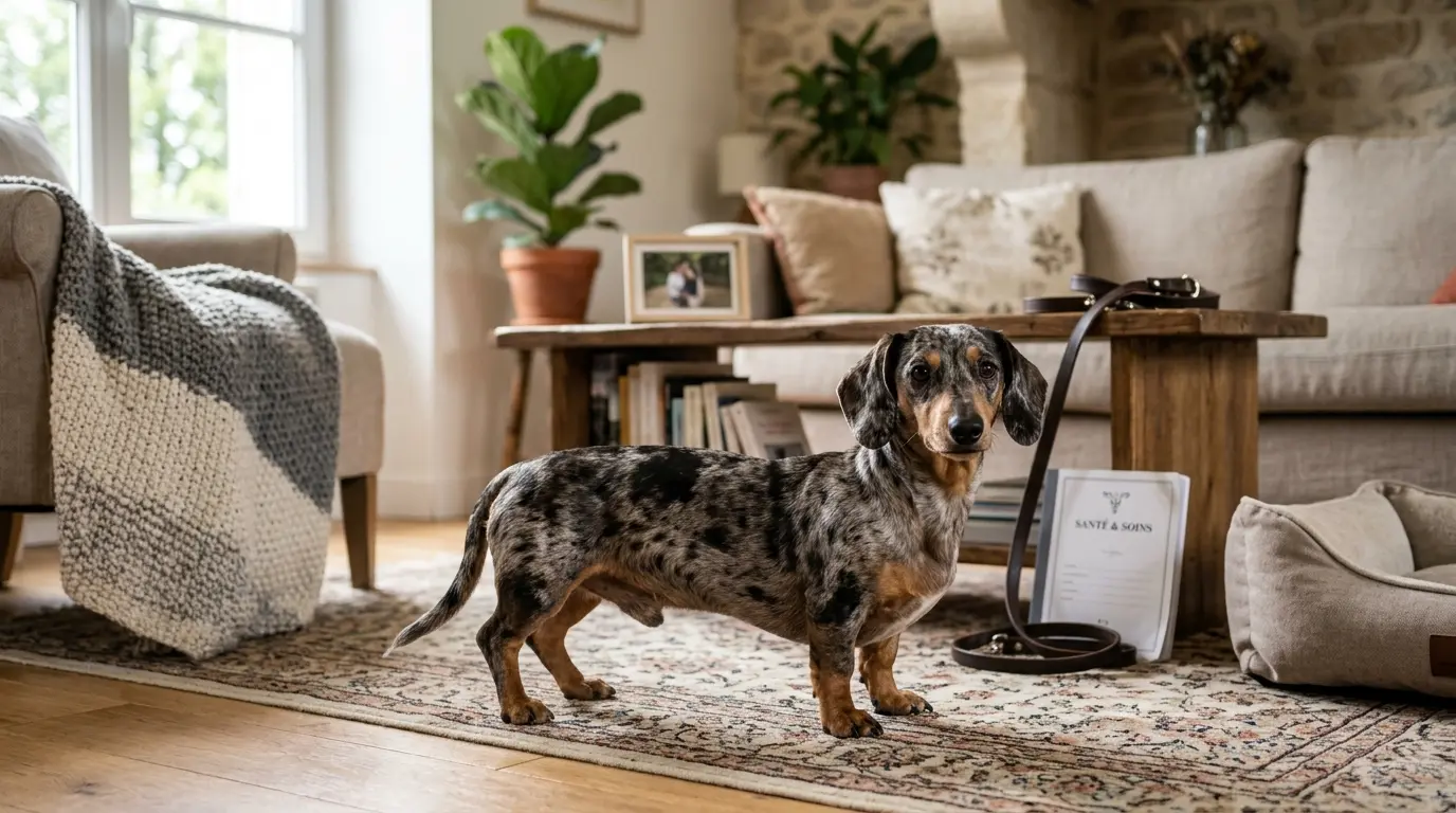 Teckels arlequins au pelage marbré, debout dans un intérieur chaleureux, entouré d'accessoires de soin.