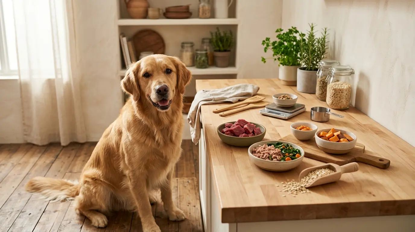 Chien en bonne santé près d'ingrédients de viande chien crus et cuits sur un comptoir en bois dans une cuisine chaleureuse.