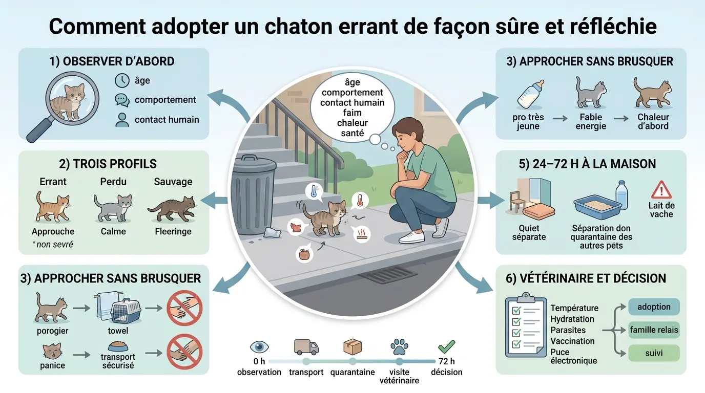 Infographie éducative sur adopter un chaton errant, montrant l'observation, l'approche, et les soins nécessaires.