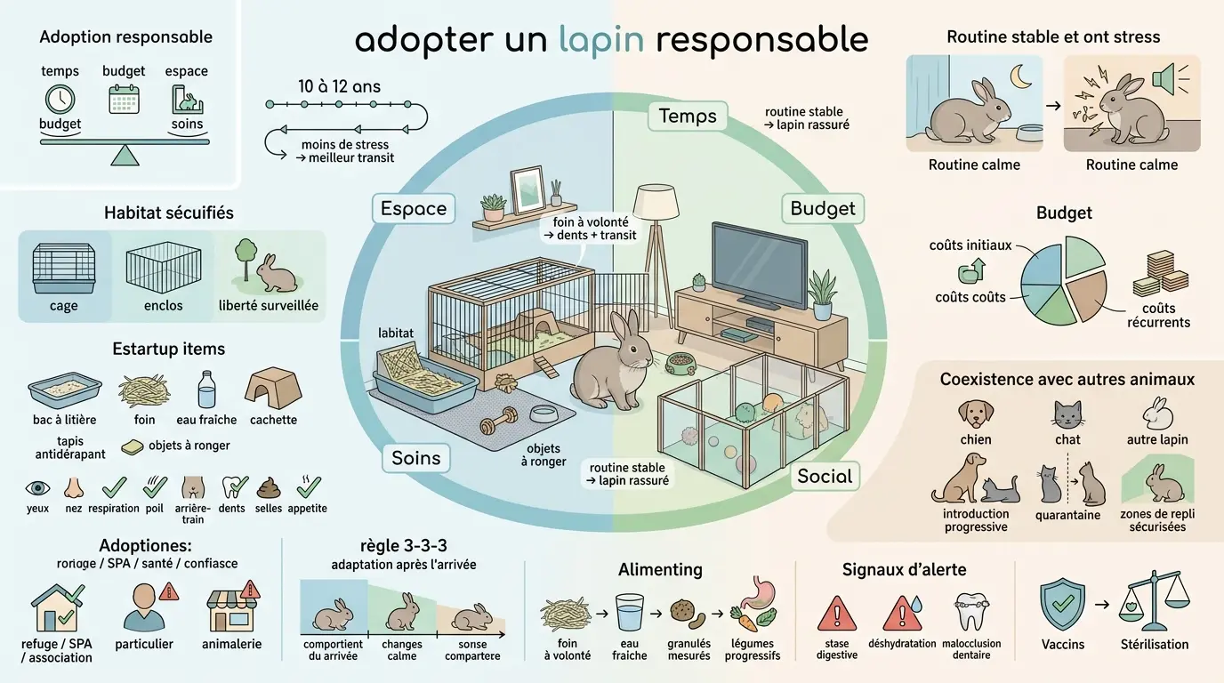 Infographie éducative sur adopter un lapin responsable, illustrant l'espace, le temps, le budget et les soins nécessaires.