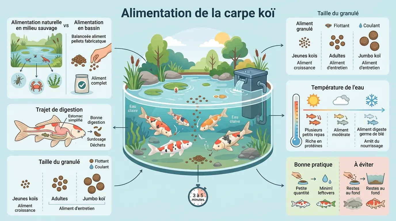 Infographie éducative sur l'alimentation carpe koi, illustrant le comportement alimentaire, la digestion et les habitudes de nourrissage.
