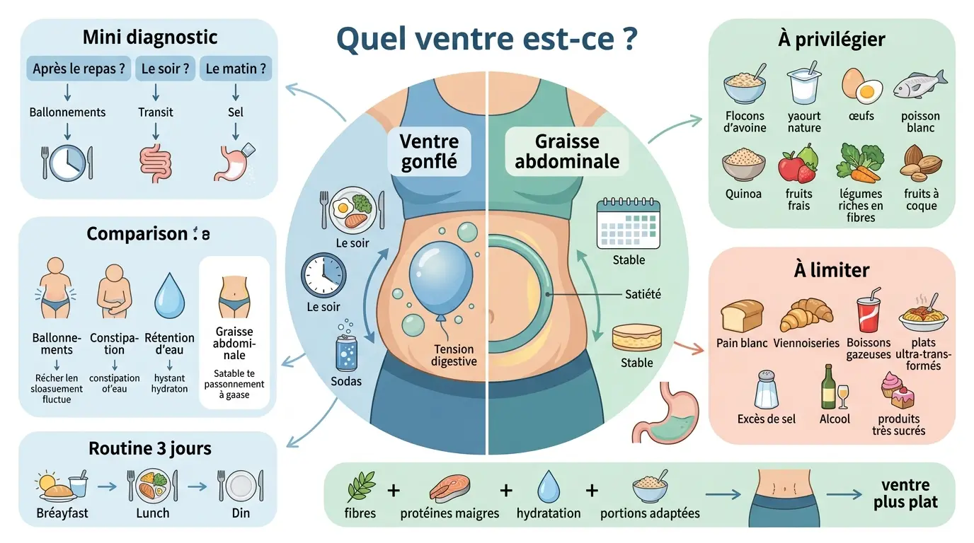 Infographie éducative sur les aliments pour un ventre plat, comparant ventre gonflé et graisse abdominale avec illustrations claires.