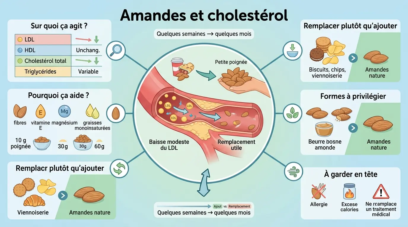 Infographie éducative sur les amandes cholestérol, montrant l'impact positif des amandes sur le LDL et la santé cardiovasculaire.