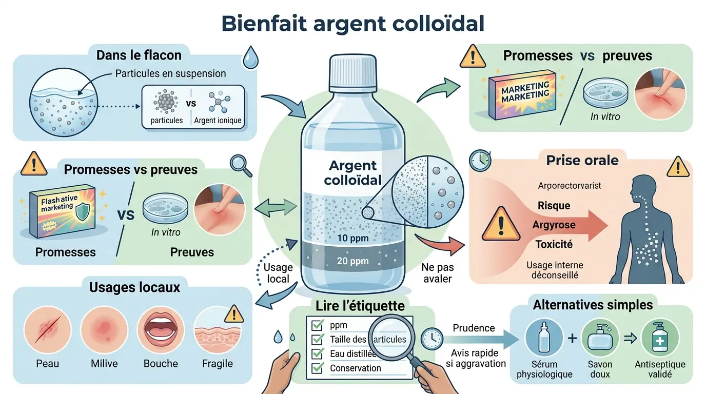 Infographie éducative sur le bienfait argent colloïdal, illustrant ses usages, risques et alternatives avec des visuels clairs.