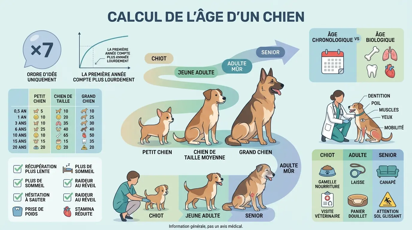 Infographie éducative sur le calcul de l'âge d'un chien, illustrant les différences d'âge biologique selon la taille.