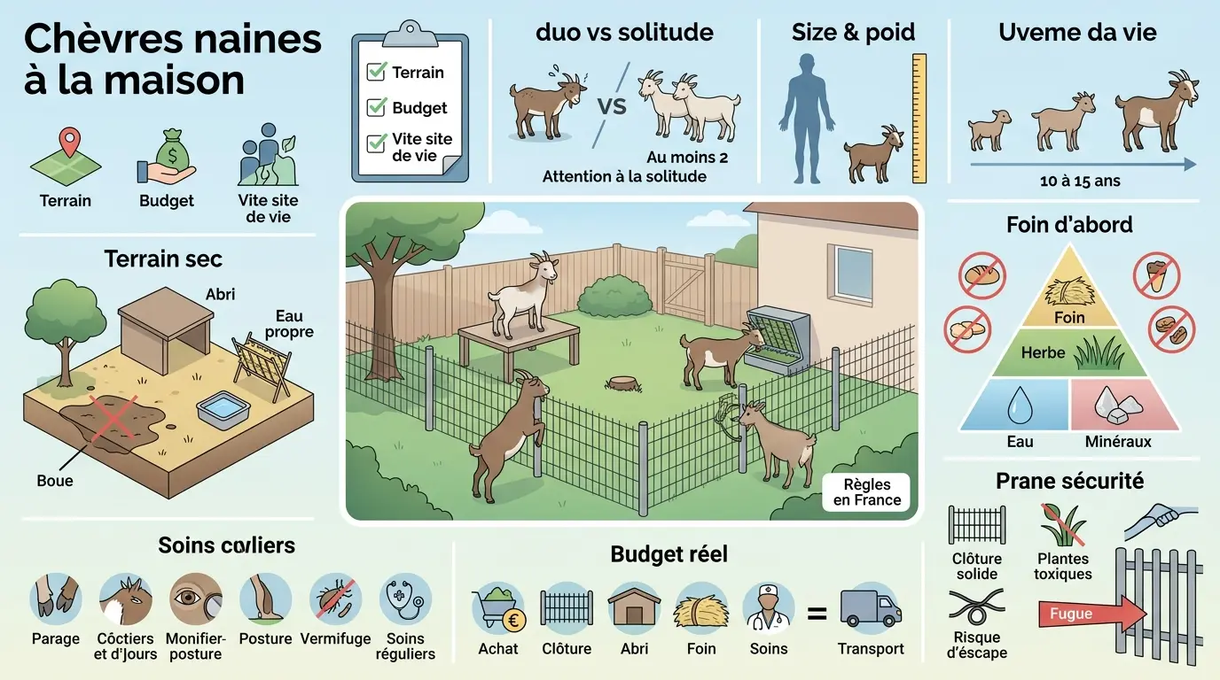 Infographie éducative sur l'adoption et les soins des chêvres naines, illustrant un enclos sécurisé et des conseils pratiques.