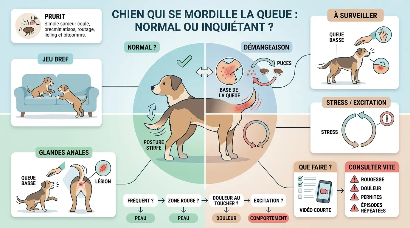 Infographie éducative sur le chien qui se mordille la queue, illustrant causes et solutions avec visuels clairs.