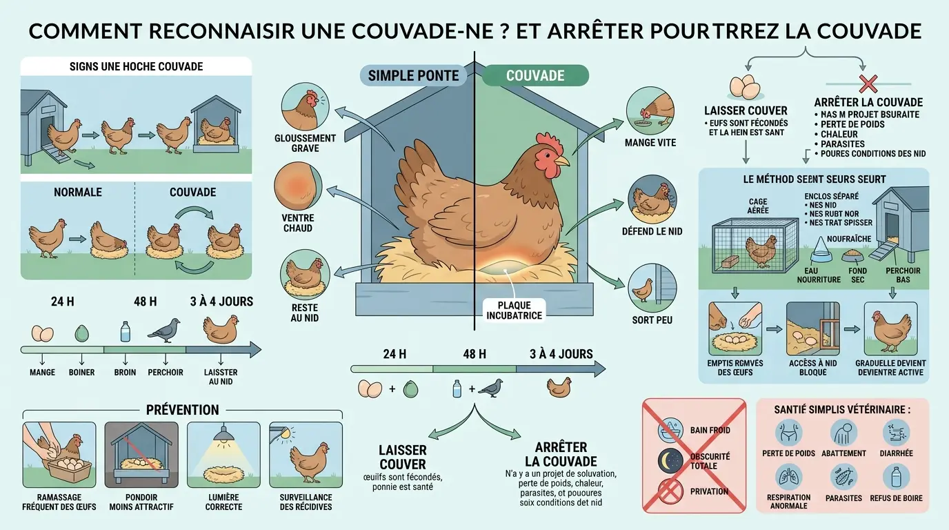 Infographie éducative sur comment arrêter une poule de couver, montrant les signes de la couvade et les méthodes d'intervention.