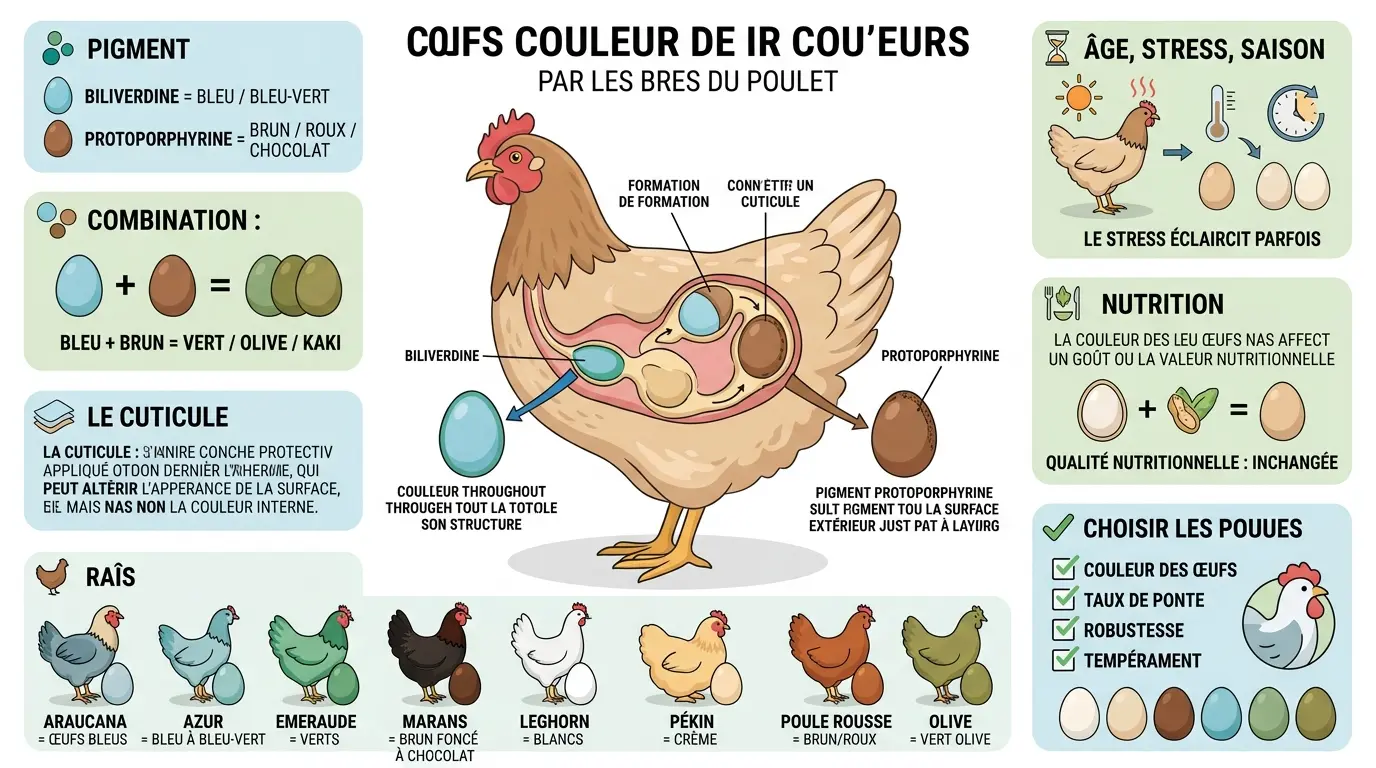 Infographie éducative sur les couleurs des oeufs de poules, montrant les races, pigments et processus de formation des coquilles.