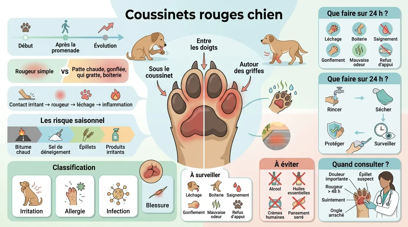 Infographie éducative sur les coussinets rouges chien, illustrant zones, causes et soins à apporter.