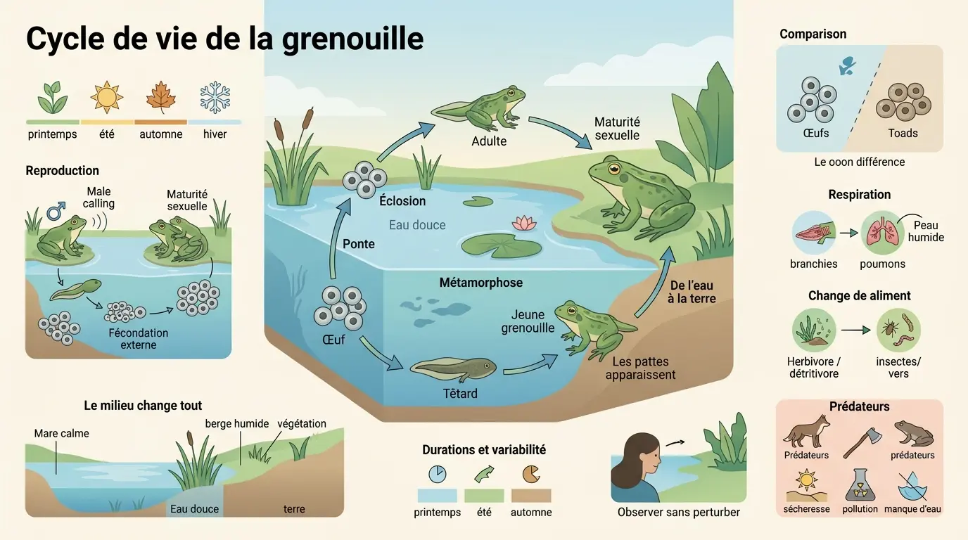 Infographie éducative illustrant le cycle de vie de grenouille, des œufs aux adultes, avec métamorphose et habitat.