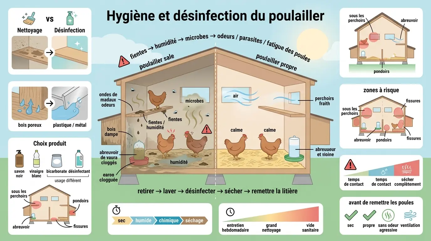Infographie éducative sur l'hygiène et désinfecter le poulailler, montrant la transformation d'un poulailler sale à propre.
